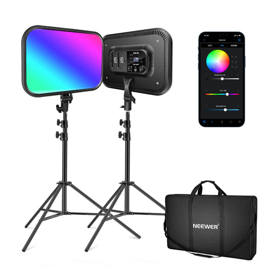 NEEWER RGB168 18.3" RGB LED Video Panel Light with App Control, Bluetooth, 2 Pack Tripod Stand Kit, 60W/360° Full Color/2500-8500K/CRI97+, Studio Photography/YouTube/Game Streaming
