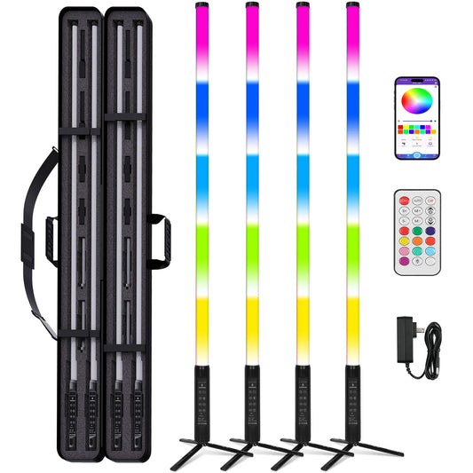ZDMDRGB 4Pack Professional 360 DJ Tube Light Bar Stand with Case Battery Powered IP65 Waterproof APP Control D40 5ft RGB Led Party Light Stick for Outdoor Video Studio Wedding Stage Lighting