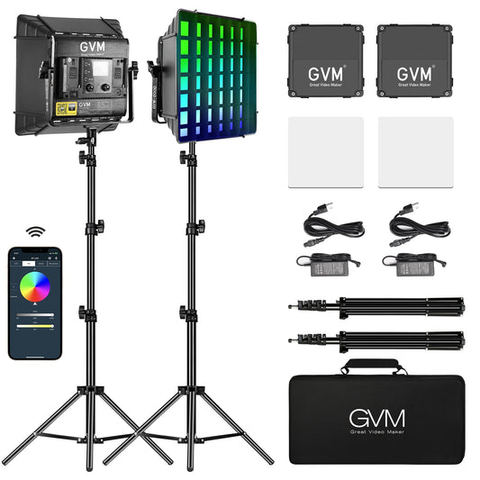 GVM Upgrade 800D RGB Video Light Kits with 2 Softboxes, Studio Lights with Bluetooth Control, 2 Packs Photography Lighting with 18 Lighting Scenes, led Panel Lights for Video Recording
