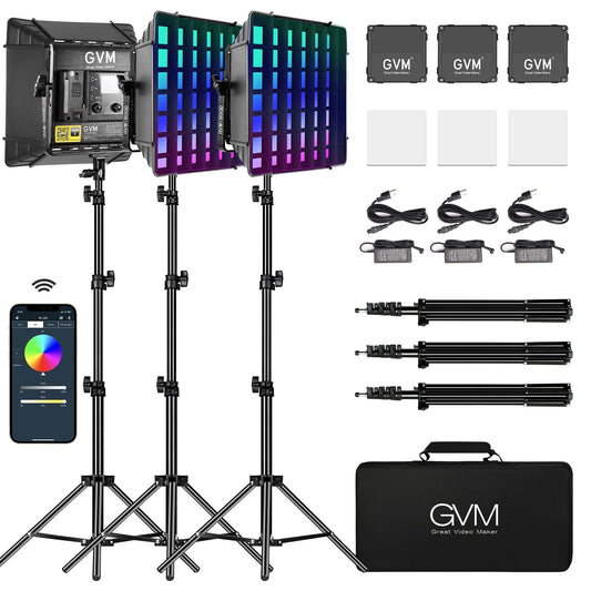 GVM 800D RGB Photography Lighting Kits with 3 Softboxes, 3 Packs Studio Lights with Bluetooth Control, YouTube Video Light with Upgrade18 Lighting Scenes, led Panel Lights for Video Recording