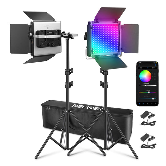 NEEWER Upgraded 660 PRO II RGB LED Video Light with App Control & Tripod Stand Kit, 2 Pack 50W/1% Min Dimming/CRI97+/3200-5600K for Game Streaming YouTube Studio, Bluetooth