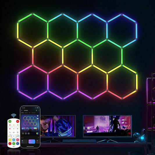 HYPERLITE Hexagon Garage Lights: Gen IV-11 Grid RGB Hexagon LED Lights with Music Sync Mode, App & Remote Control, Multi-Color Honeycomb Light for Gaming Room, Gym, Garage
