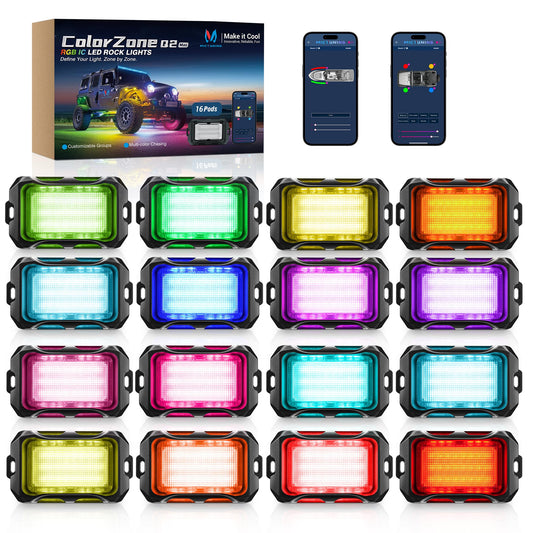 MICTUNING Q2+ MAX RGB+IC Rock Lights - 16 Pods Multi-Color DIY Effect Underglow Neon Kit, Individual Group Control, APP Music Sync, IP68 Waterproof