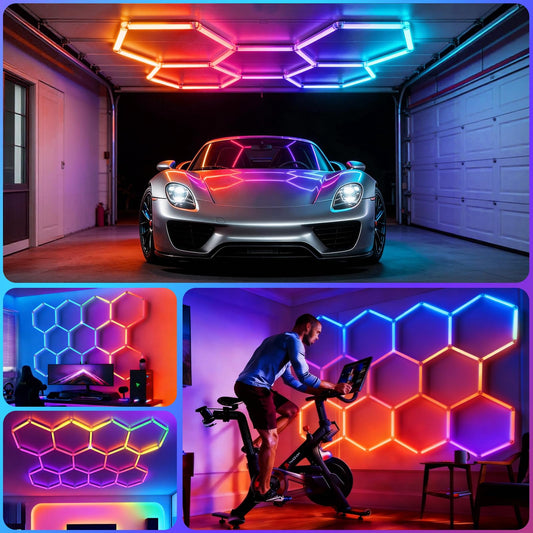 HYPERLITE Hexagon Garage Lights: Gen IV-11 Grid RGB Hexagon LED Lights with Music Sync Mode, App & Remote Control, Multi-Color Honeycomb Light for Gaming Room, Gym, Garage