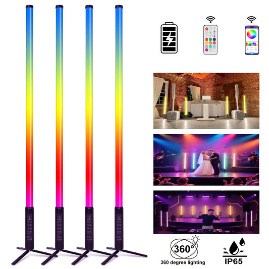 ZDMDRGB 4Pack Professional 360 DJ Tube Light Bar Stand with Case Battery Powered IP65 Waterproof APP Control D40 5ft RGB Led Party Light Stick for Outdoor Video Studio Wedding Stage Lighting